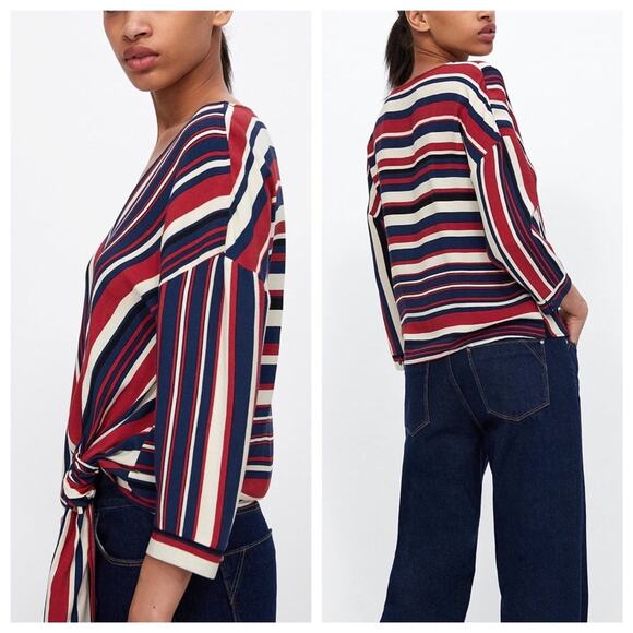 Zara Nautical Red White Blue Striped Drape Tie Waist V-Neck Top Size Small - Picture 2 of 12